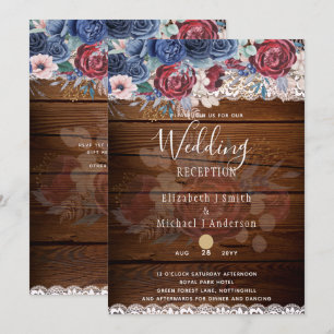 Timeless Rustic Blue Burgundy Floral Lace Wedding Invitation