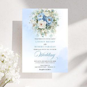 Timeless Rustic Dusty Blue Peony Gold Wedding Invitation