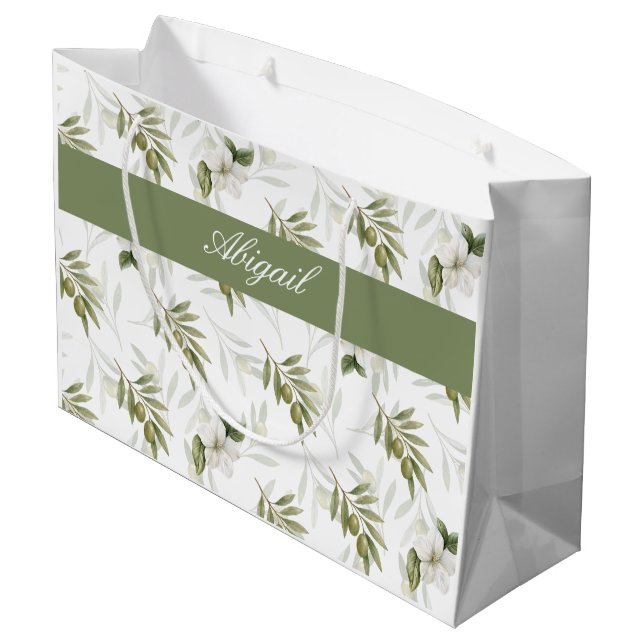 Timeless Sage Olive Wataercolor Chic Name Large Gift Bag (Back Angled)