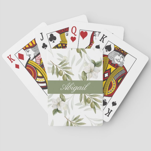 Timeless Sage Olive Watercolor Name  Playing Cards (Back)