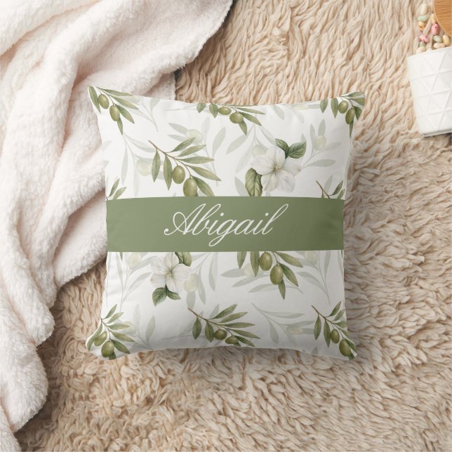 Timeless Sage Olive Watercolor Name  Throw Pillow (Blanket)