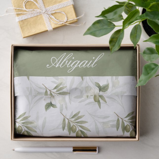 Timeless Sage Olive Watercolor Name Tissue Paper (Gift)