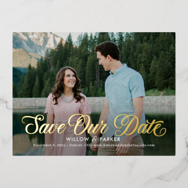 Timeless Script FOIL Save The Date Postcard (Front)