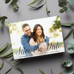 Timeless Script | Photo Save the Date<br><div class="desc">An elegant wedding save the date postcard designed to accommodate your favourite horizontal or landscape oriented full-bleed engagement photo. "Save the date" appears in off-black hand lettered calligraphy script with your names, wedding date and location beneath. Cards reverse to a subtle botanical pattern with space to include your wedding website...</div>