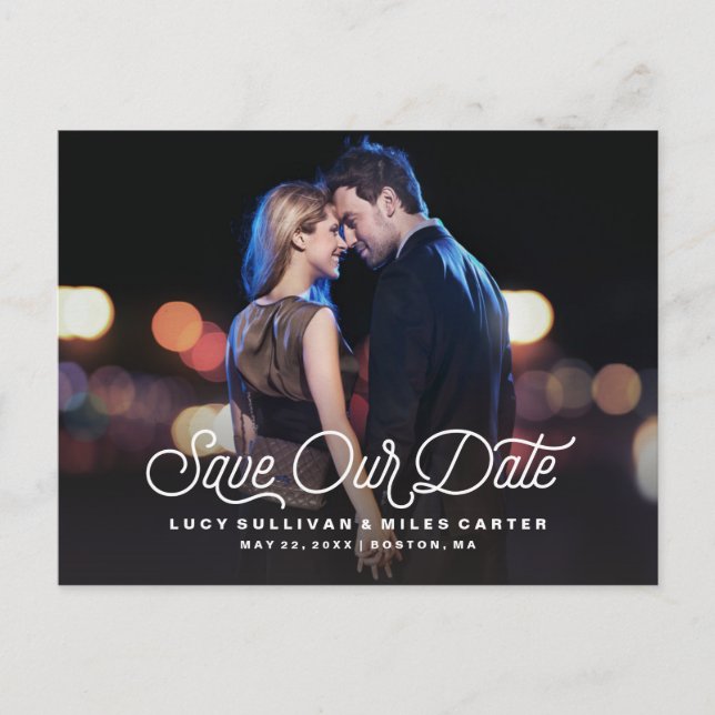 Timeless Script Save Our Date Photo Announcement Postcard (Front)