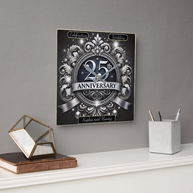 Timeless Silver: 25th Anniversary Square Wall Clock (Office)