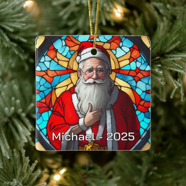 Timeless Stained Glass Santa Ceramic Ornament (Tree)