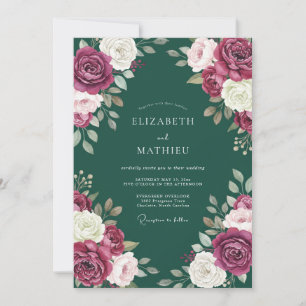 Timeless Teal Magenta Leafy Wedding Invitation