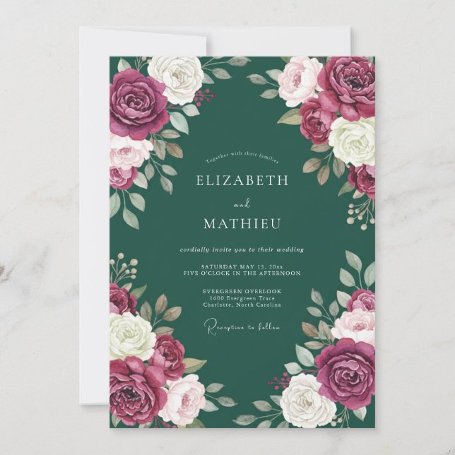 Timeless Teal Magenta Leafy Wedding Invitation (Front)