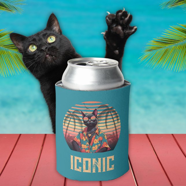 Timeless Tropical Cat Attitude Can Cooler (Timeless Tropical Cat Attitude Can Cooler with a black cat.)