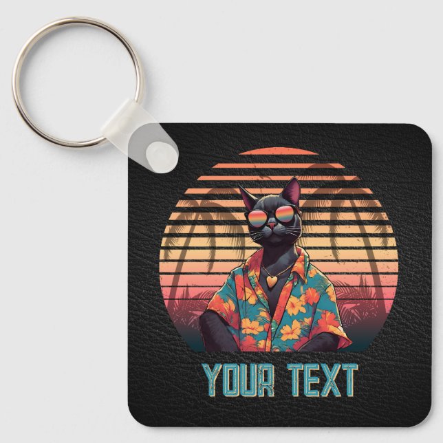 Timeless Tropical Cat Attitude Square Keychain (Front)