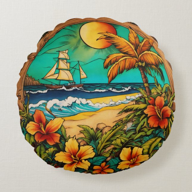 Timeless Tropical Ink - Monterey Beach Tattoo Art Round Pillow (Front)