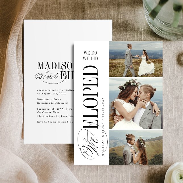 Timeless Typography 3 photo We Eloped Reception Invitation (Timeless Typography 3 photo We Eloped Reception Invitation)