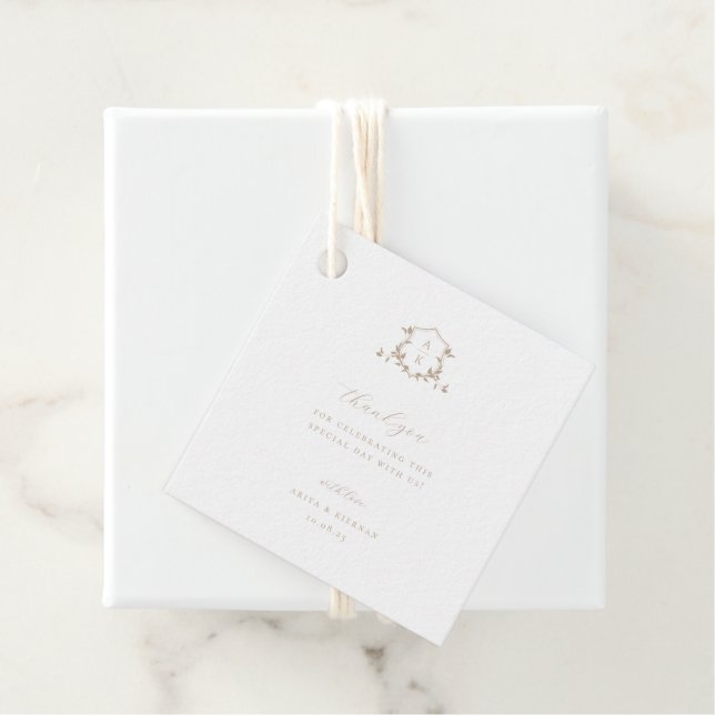 Timeless Vines Beige Crest Wedding Monogram Favour Tags (In Situ)