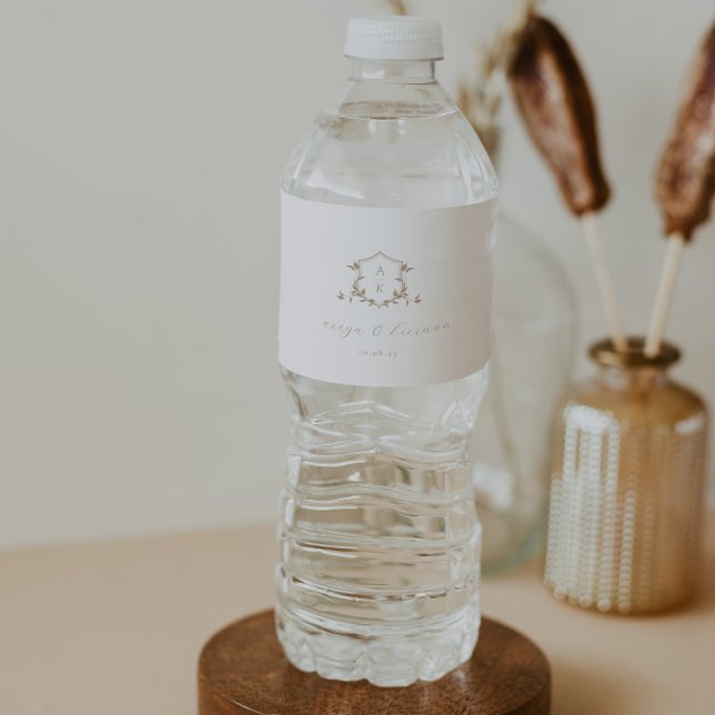 Timeless Vines Beige Crest Wedding Monogram Water Bottle Label (Creator Uploaded)
