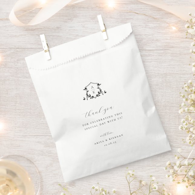 Timeless Vines Black Crest Wedding Monogram Favour Bag (Clipped)