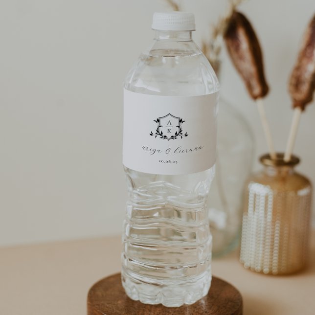 Timeless Vines Black Monogram Crest  Water Bottle Label (Creator Uploaded)