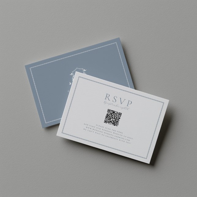 Timeless Vines Dusty Blue Crest QR Code RSVP Card (Creator Uploaded)