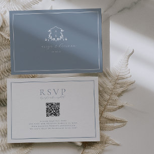 Timeless Vines Dusty Blue Crest QR Code RSVP Card