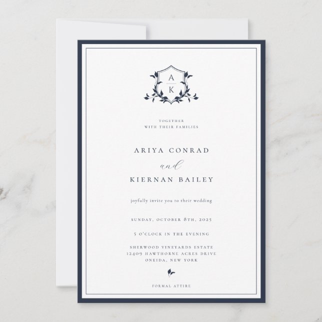 Timeless Vines Navy Monogram Crest Wedding Invitation (Front)