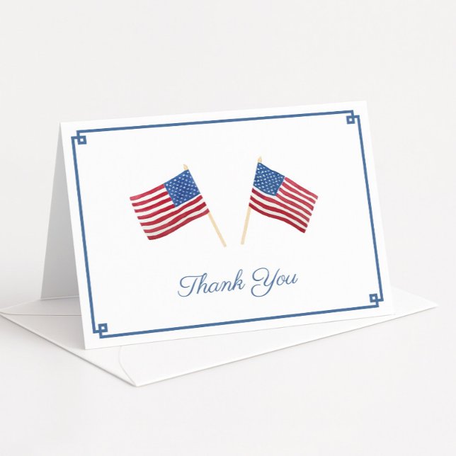 Timeless Watercolor American Flag Personalized Thank You Card (Patriotic red white and blue thank you card design featuring USA flags and a smart Greek Key border)