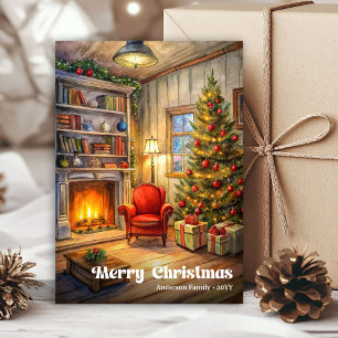 Timeless watercolor festive scene in cozy style holiday card