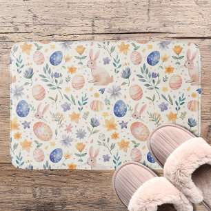 Timeless Watercolor Pastel Bunny Flowers Eggs Bath Mat