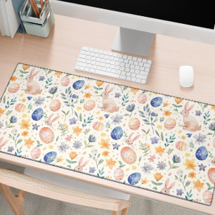 Timeless Watercolor Pastel Bunny Flowers Eggs Desk Mat