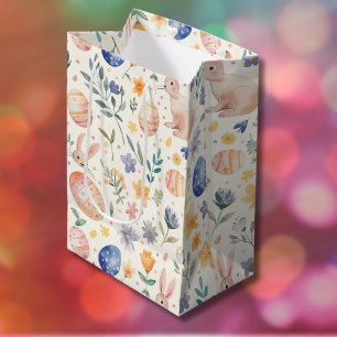 Timeless Watercolor Pastel Bunny Flowers Eggs Medium Gift Bag