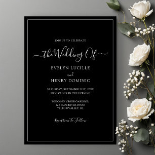 Timeless White Script on Black Minimalist Wedding Invitation