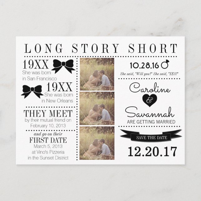 Timeline Bows Save the Date Post Card (Front)