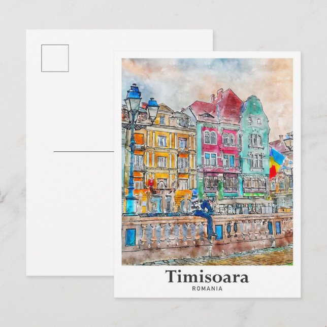 Timisoara Romania Travel Watercolor Hand Drawn Postcard (Front/Back)