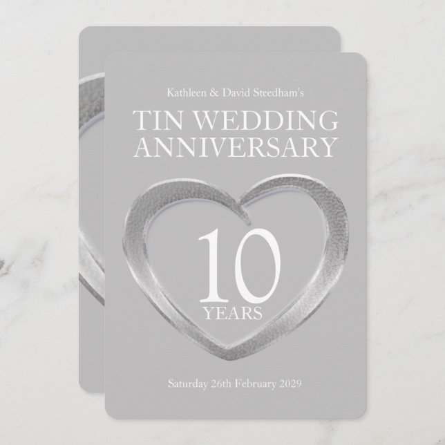 Tin 10th wedding anniversary heart party invites (Front/Back)