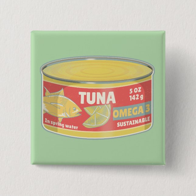 Tin of tuna canned fish retro 2 inch square button (Front)