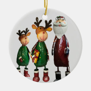 Tin Santa and Cute Tin Reindeers with Gifts Ceramic Ornament