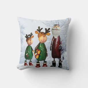 Tin Santa and Cute Tin Reindeers with Gifts Throw Pillow