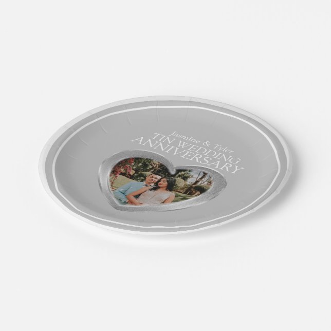 Tin Wedding Anniversary photo heart paper plate (Angled)