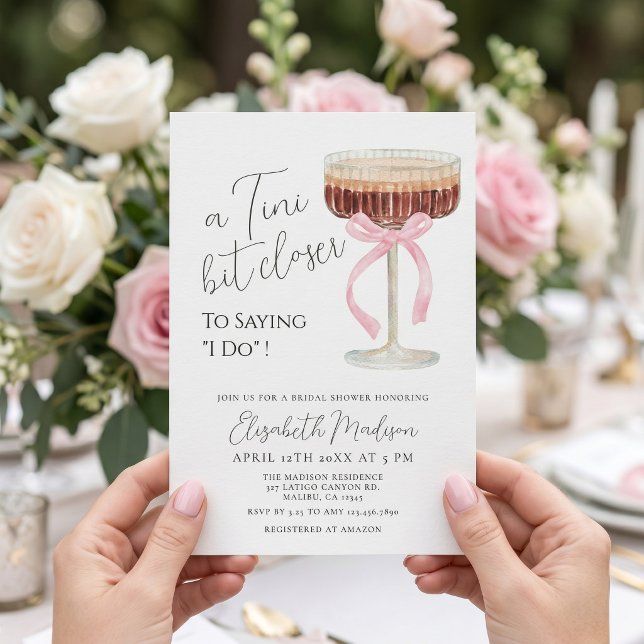 Tini Bit Closer Bridal Shower Invitation (bridal shower invite, martini bridal shower, cocktail bridal shower, pink bow bridal shower)