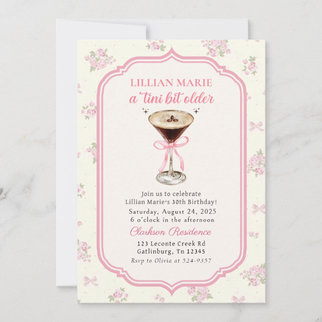 Tini Bit Older Espresso Martini Coquette Birthday Invitation (Front)