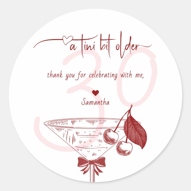 Tini Bit Older Modern Bow Cherry Martini Birthday Classic Round Sticker (Front)