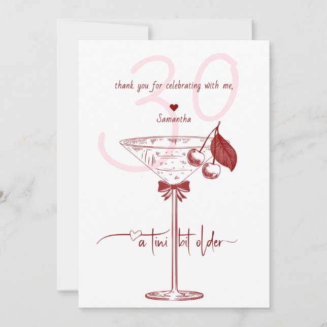 Tini Bit Older Modern Bow Cherry Martini Birthday Thank You Card (Front)