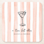 Tini Bit Older Personalized Birthday Party Square Paper Coaster<br><div class="desc">Add a stylish touch to your celebration with these personalized birthday party coasters featuring a trendy hand-drawn martini glass on a peach watercolor cabana stripe background. Designed for a “Tini Bit Older” birthday party, they can be customized with any text, colours, and fonts to match your décor. Perfect for milestone...</div>
