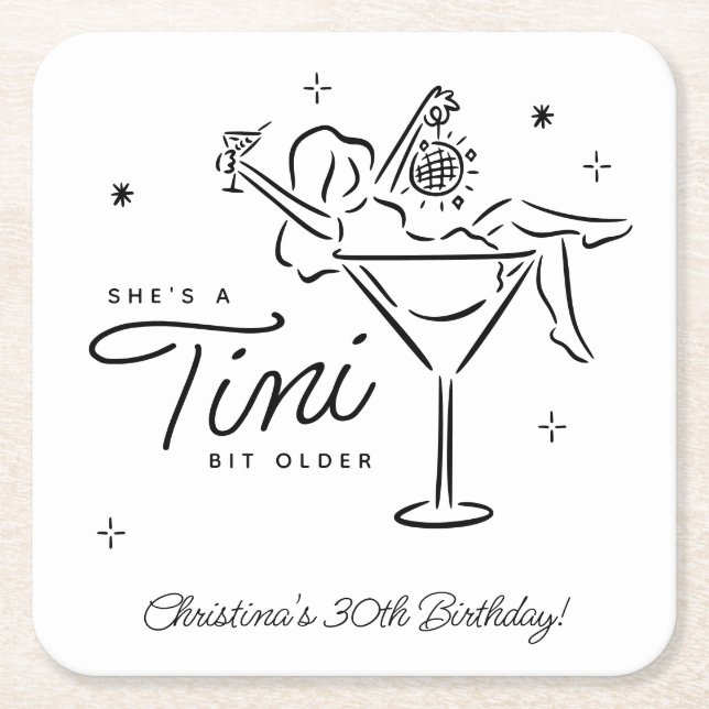 Tini Bit Older Whimsical Martini Birthday Square Paper Coaster (Front)