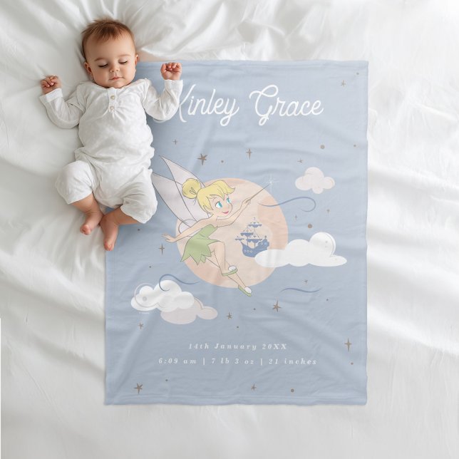 Tinker Bell Flying Over Clouds Custom Birth Stats  Fleece Blanket (Blanket simulated on bed)
