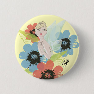 Tinker Bell Sketch With Cosmos Flowers 2 Inch Round Button