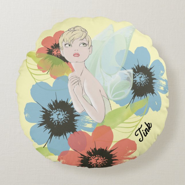 Tinker Bell Sketch With Cosmos Flowers Round Pillow (Front)
