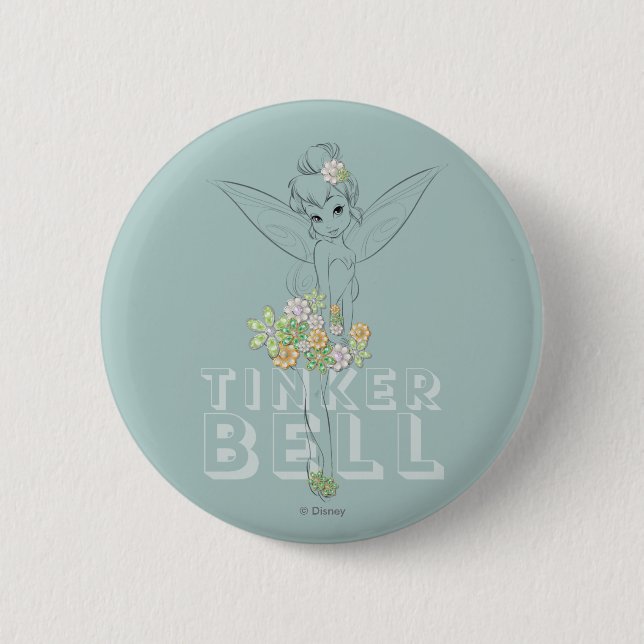 Tinker Bell Sketch With Jewel Flowers 2 Inch Round Button (Front)