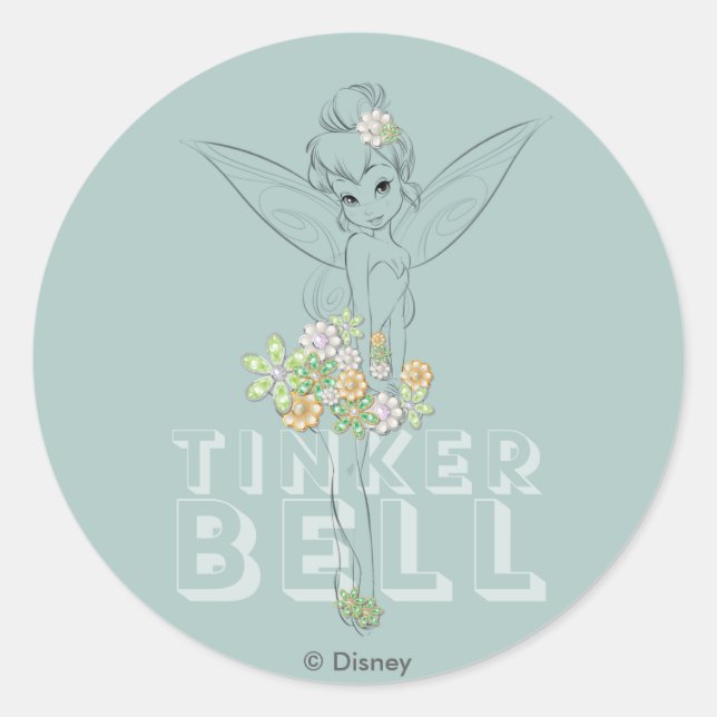 Tinker Bell Sketch With Jewel Flowers Classic Round Sticker (Front)