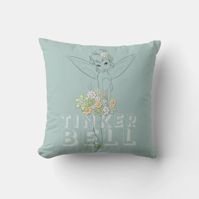 Tinker Bell Sketch With Jewel Flowers Throw Pillow (Front)