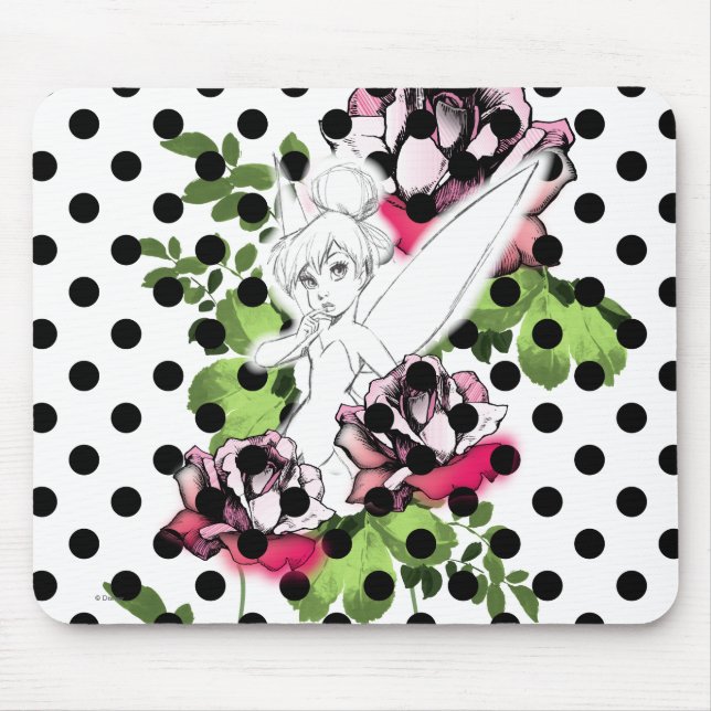 Tinker Bell Sketch With Roses and Polka Dots Mouse Pad (Front)